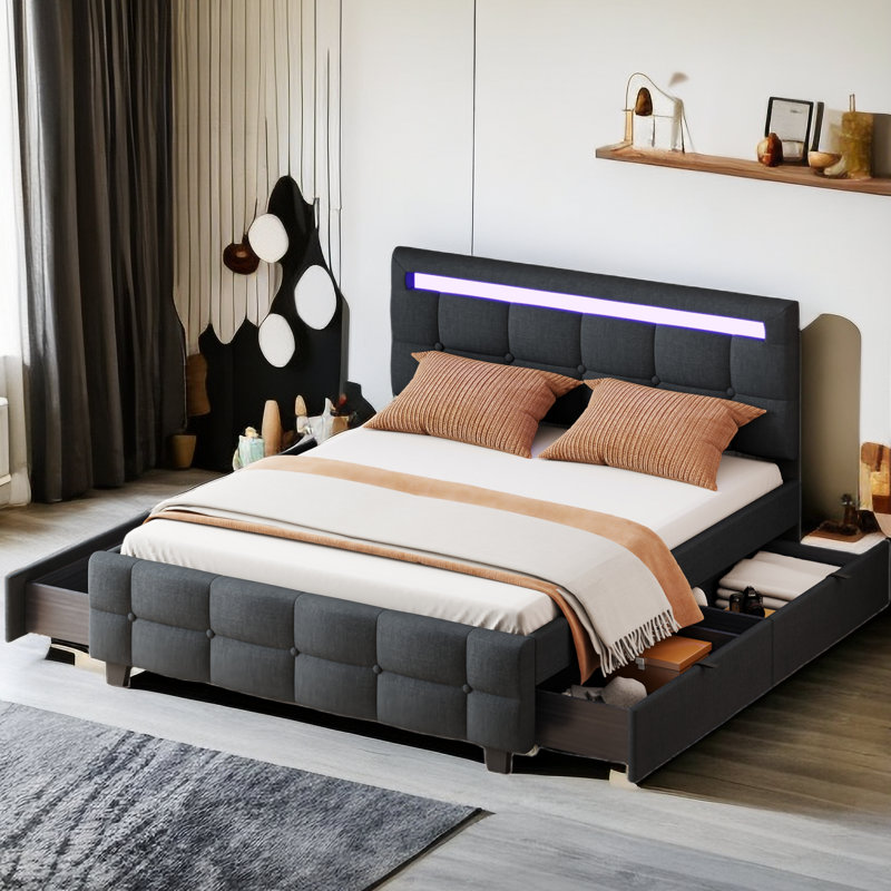 Lit plateforme tapissier avec cadre à DEL et 2 tiroirs, Grand, gris