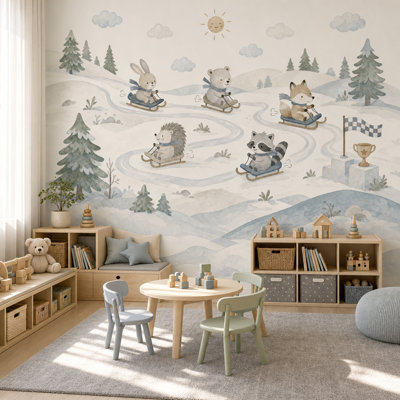 Papier peint paysage d'hiver avec aquarelle amovible, animaux des bois