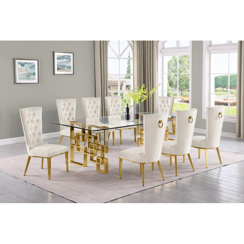 Ensemble de salle à manger rectangulaire en verre transparent avec chaises en velours L 95 po x l 46 po Borel, 9, Or