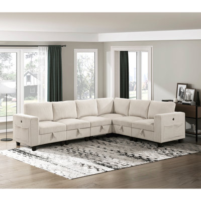 Modern Living Room Furniture Beige Chair With One Arm, Storage Pouch, And Charging Ports, Corduroy Fabric Upholstery