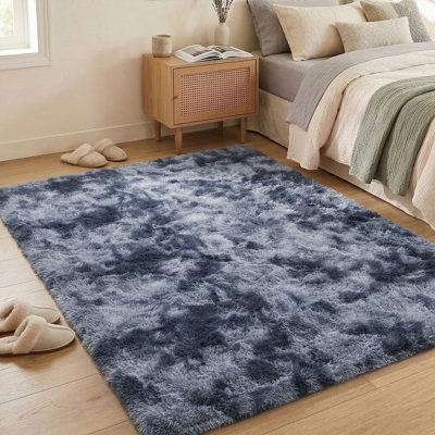 Tapis à poils longs doux pour le salon, tapis moelleux de luxe pour la chambre à coucher, tapis antidérapant de mise à niveau, idéal pour les espaces très passants à l'intérieur, esthétique décorative, teinture bleu gris