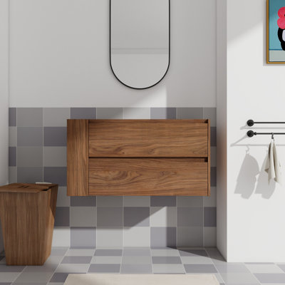 Meuble de salle de bain 36 po, poignée invisible biseautée à 45 °, tiroir à fermeture en douceur aux 2/3 tiroirs, meuble-lavabo en contreplaqué de chêne brun, contreplaqué, aspect contemporain