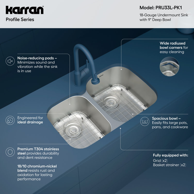 Karran Profile 31 inch Undermount 18 Gauge Double Offset Bowl Stainless Steel Kitchen Sink with Accessories