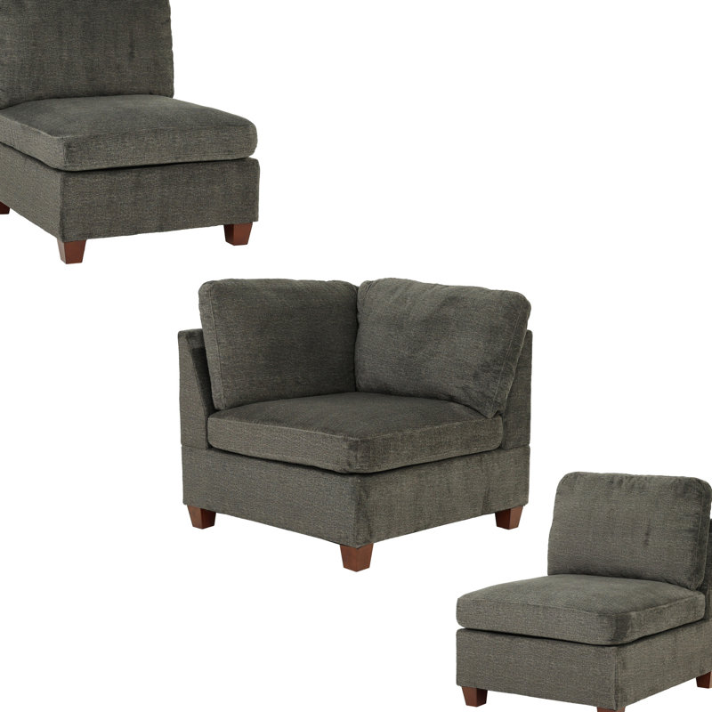 Canapé modulaire 3 pièces gris, tissu chenille avec dossier coussiné, configuration sans accoudoirs et chaises