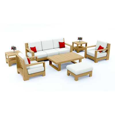 Teakstation 7 Pc Teak Wood Sofa Set: Sofa, 2 Lounge Chairs, Ottoman, Coffee Table & 2 Side Tables With Cushions In Outdoor Sunbrella Fabric #5404 Canvas Natural