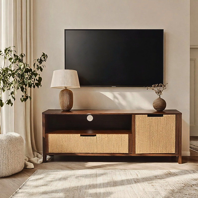 Meuble télé 55 po avec porte en corde tissée pour téléviseur de 60 po ou moins