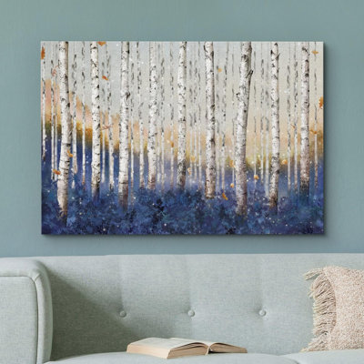 "Bouleau blanc avec forêt bleue, illustrations de nature sauvage et paysages rustiques" sur toile
