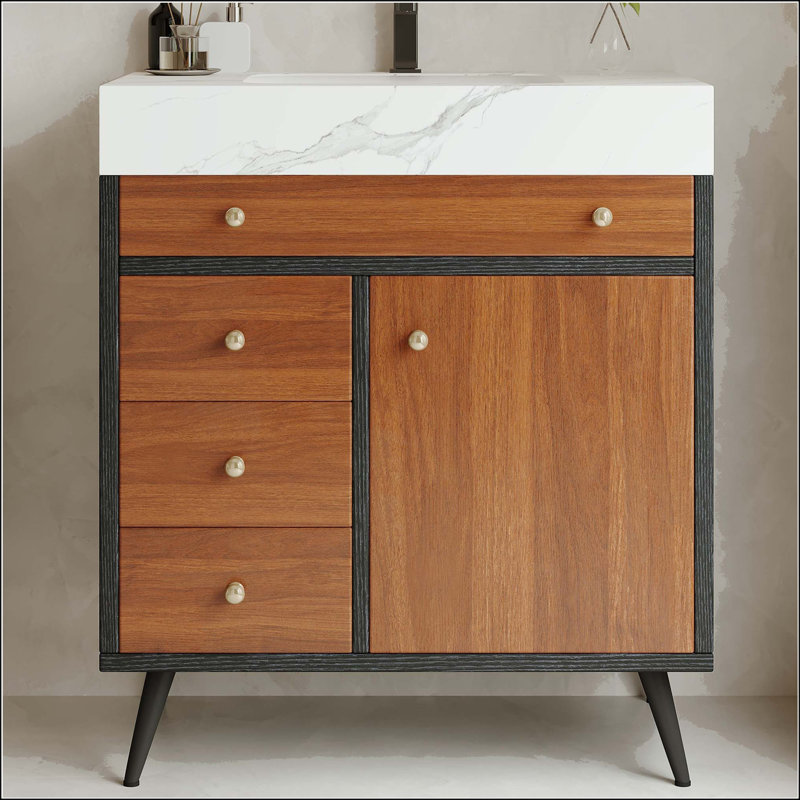 Meuble-lavabo moderne autoportant 29,9 po avec plateau en pierre frittée, Blanc