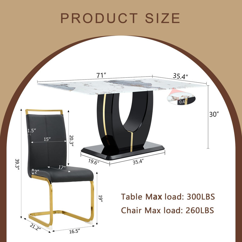 Ensemble de table de salle à manger 71 "avec chaises en similicuir - Table de salle à manger moderne avec chaises, Noir