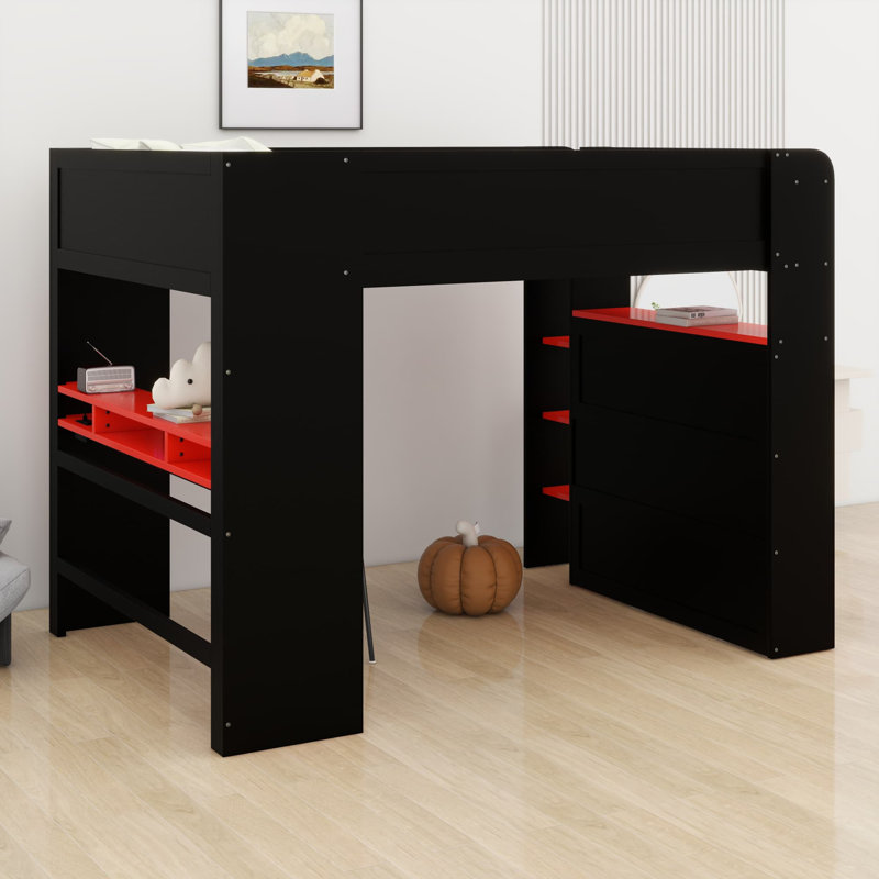 Lit superposé avec bureau à hauteur réglable, Rouge