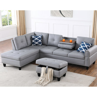 Canapé modulaire en similicuir gris avec rangement en L, quatre places assises pour le divertissement à domicile, 3 sièges rabattables et porte-gobelets, deux coussins décoratifs arrondis, style, décoration cloutée, d'ingénierie