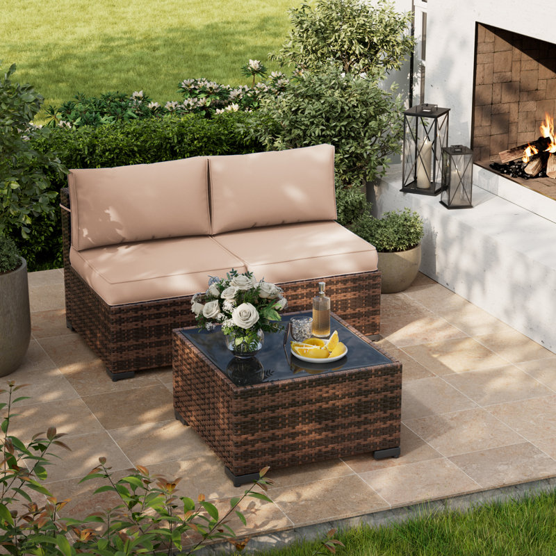 Anterion 25.2" W 3-Piece Wicker Patio Seating Group with Cushions, Khaki