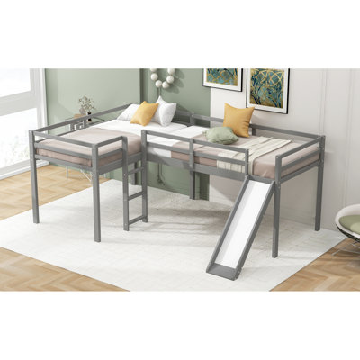 Lit mezzanine simple en L gris avec glissade - idéal pour les petites chambres et les glissières, optimise l'apparence fonctionnelle de la chambre à coucher