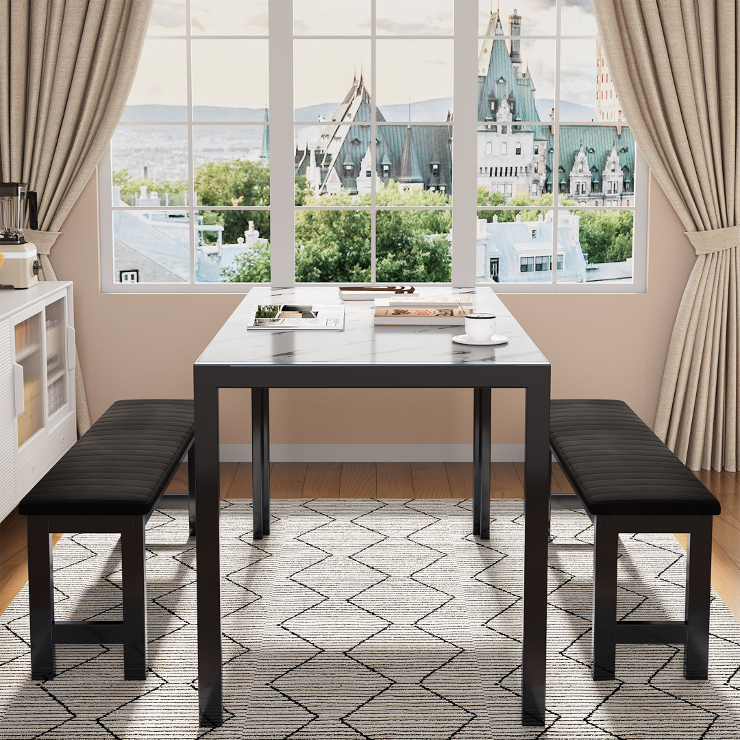 3-Piece  Dining Table Set, Kitchen Table Set with 2 Velvet Dining Benches, Tabletop Marble Finish Mercer41 Bench 