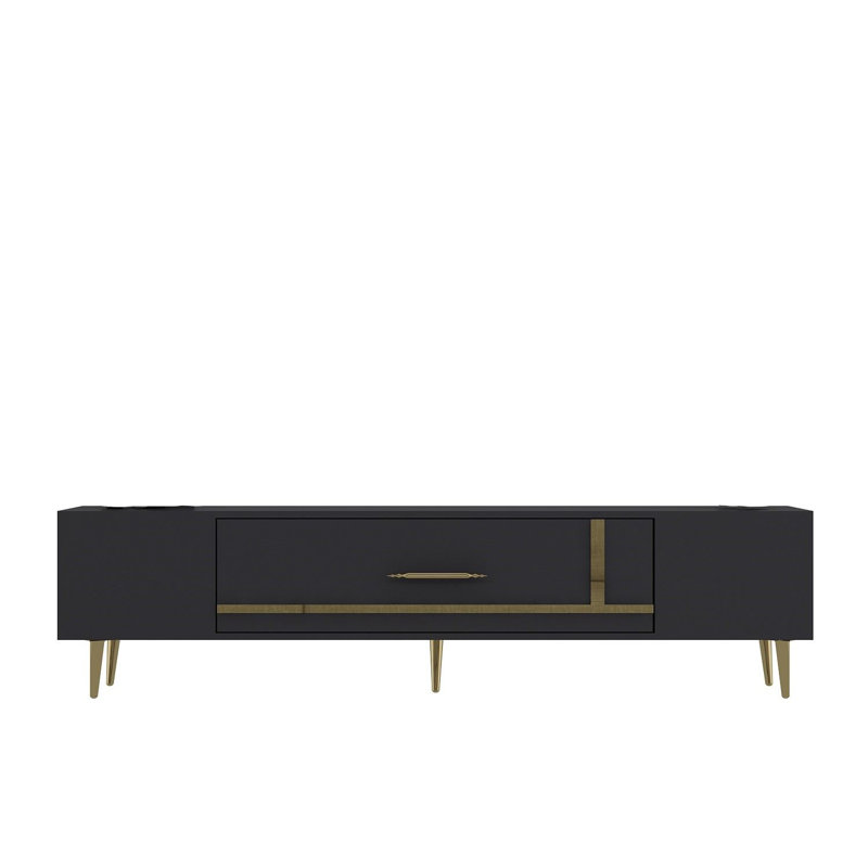 Meuble télé moderne avec option de fixation murale, anthracite et or, Catena, 59,1 x 19,0 x 11,6 pouces | 100% panneau de particules enduit de mélamine, hauteur des pieds: 5,9 pouces | Design élégant et glamour pour le salon et les espaces de divertissement