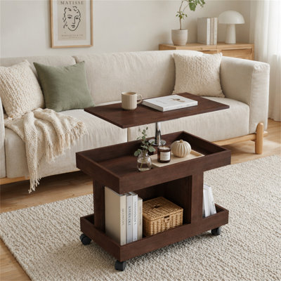 Petite table basse avec roulettes, table d'appoint multifonctionnelle rotative à 360 °, table de bout roulante avec compartiment de rangement, table de chevet mobile pour le salon, la chambre et le mobilier de maison