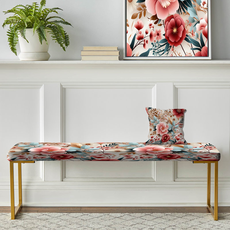 Banc floral rembourré or, Motif floral pastel bohémien