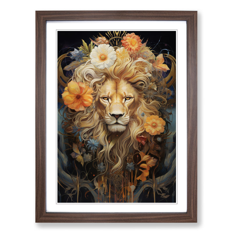 Leo Zodiac Contemporary - Single Picture Frame Print on Wood, 64cm H x 46cm W x 2cm D, Walnut Framed