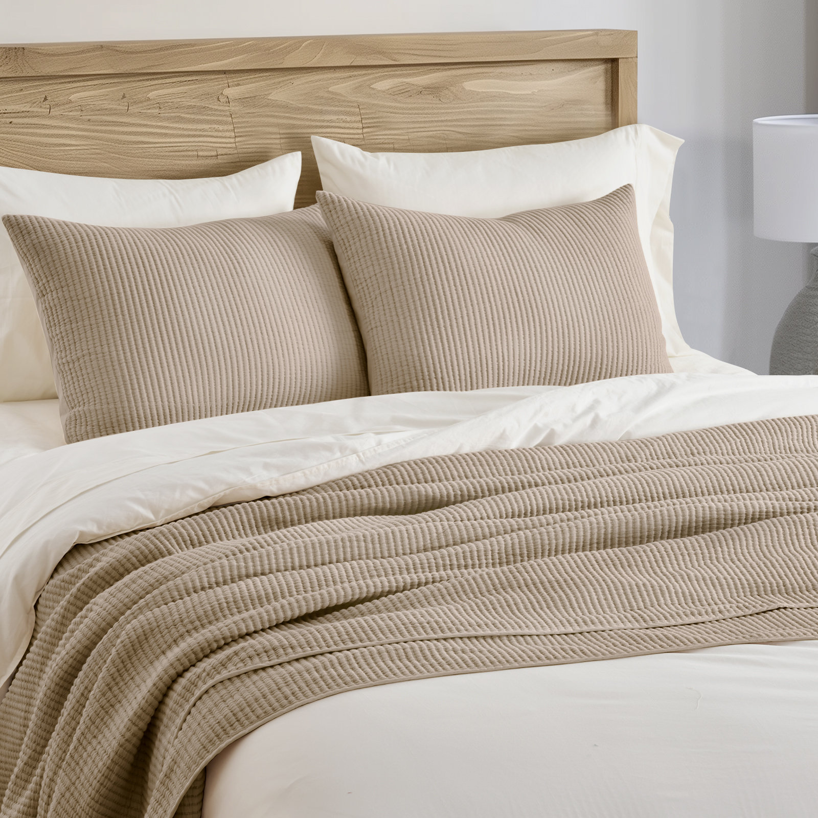 Ribbed Matelassé Cotton Coverlet Set, Queen Quilt + 2 Queen Shams, Urban Taupe