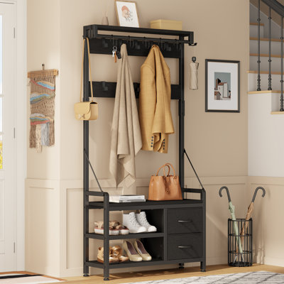  Wood 5-In-1 Hall Tree With Shoe Bench, Coat Rack, Hooks, Drawers & Top Shelf –Modern Farmhouse Entryway Organizer For Mudroom Or Foyer