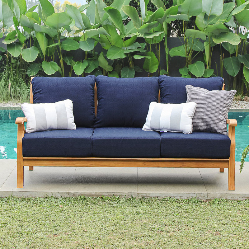 Brunswick 75.5'' Wide Teak Patio Sofa with Cushions, Navy Performance Olefin, Natural