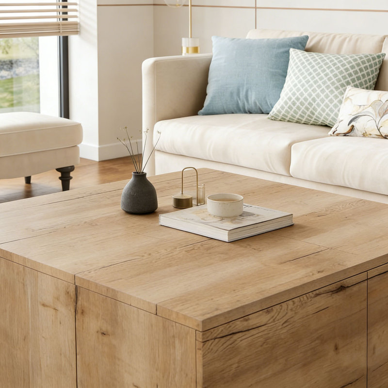 33.25" Square Coffee Table with 4 Drawers, Natural