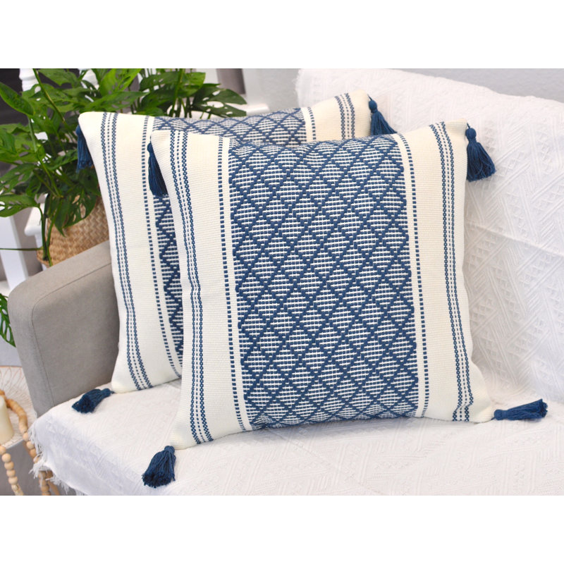 Woven Pillow Covers With Tassels, Geometric Pattern Pillowcases For Outdoor / Indoor (Set of 2), 16" x 16", Blue