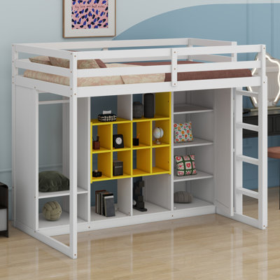 Wood Loft Bed With Wardrobe, Shelves And Cabinet