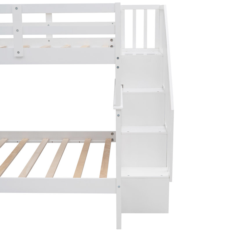 Lit superposé double sur escalier avec rangement et garde-corps pour chambre à coucher, dortoir, couleur blanche