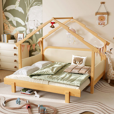 Lit simple en bois dans une cabane dans un arbre avec rails à coussin souple, pour enfants, adolescents, filles, garçons