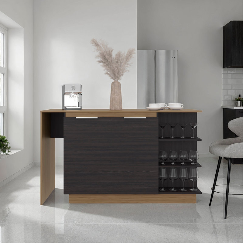 Îlot de cuisine avec armoire de rangement et porte-verre à vin, wengé et chêne naturel Urie