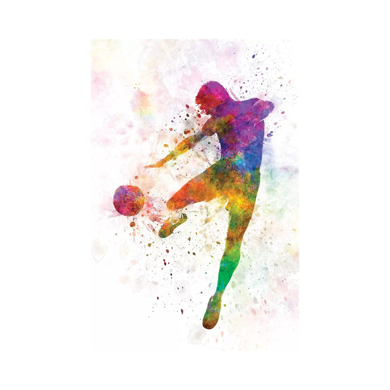 «Man Soccer Football Player Flying Kick III» par Paul Rommer - peinture sur toile tendue, H 40 po x l 26 po x P 1,5 po
