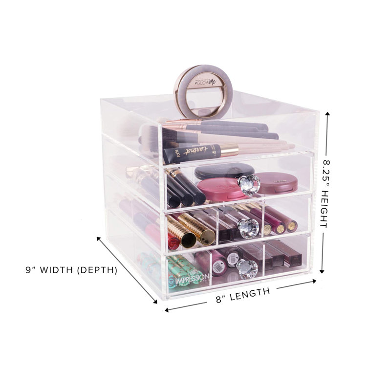 Impressions Vanity Diamond Collection 4 Tier Acrylic Makeup Organizer with Open Top, Elegant Cosmetic Holder with Three Slide Drawer Tiers and Luxe