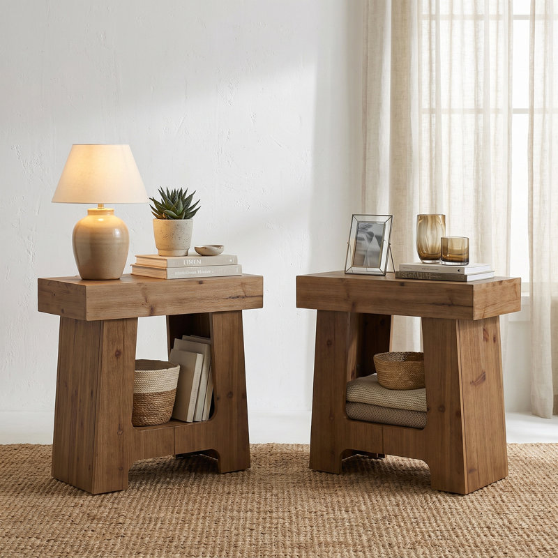 Rustic Solid Wood End Table, Rectangular Side Table with Storage Shelf, 2