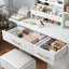 Bureau de coiffeuse à DEL avec prise de courant et tabouret de rangement-1661122781