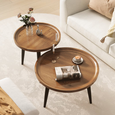 Kently Nesting Round Coffee Table, Living Room Modern Wood Coffee Table, 23.6''D & 18.9''D