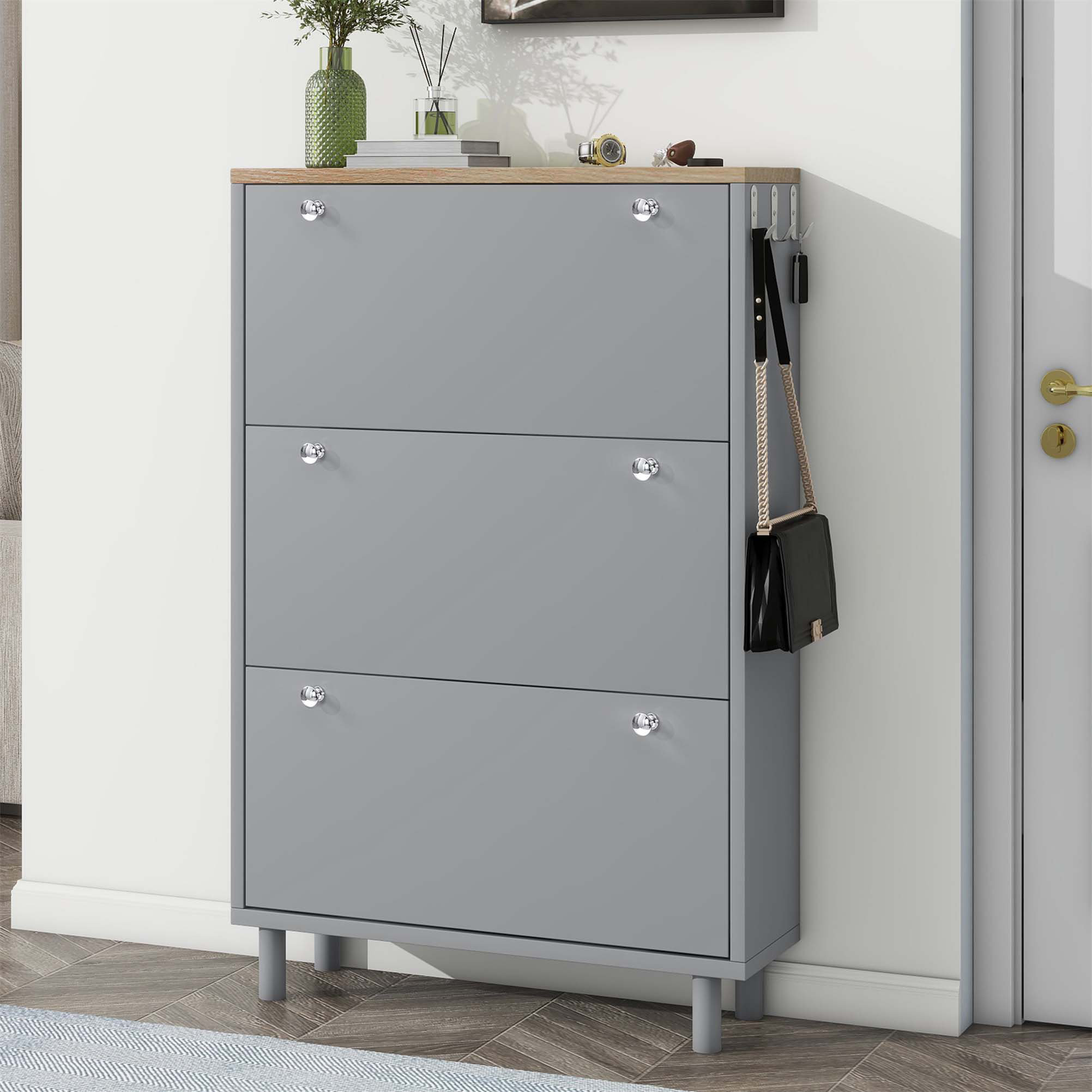 Oliver Narrow Design Shoe With 3 Flip Drawers, Wood