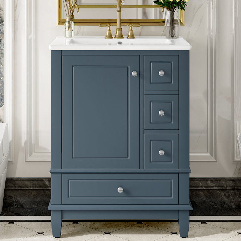 Meuble-lavabo de salle de bain avec plateau en céramique et tablettes de rangement, Bleu gris, 24"