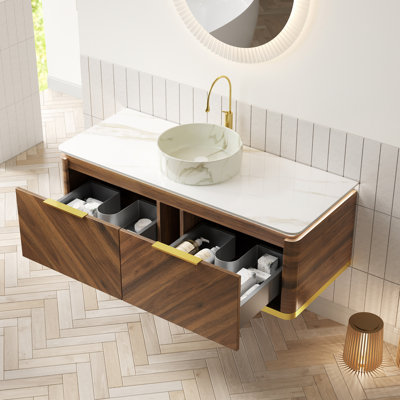 48" Floating Bathroom Vanity With White Round Stone Pattern Ceramic Basin, Sintered Top, Multi - Layer Plywood Drawer Cabinet, Drawers Silent Soft Close And Sensor Based Illumination Counter,