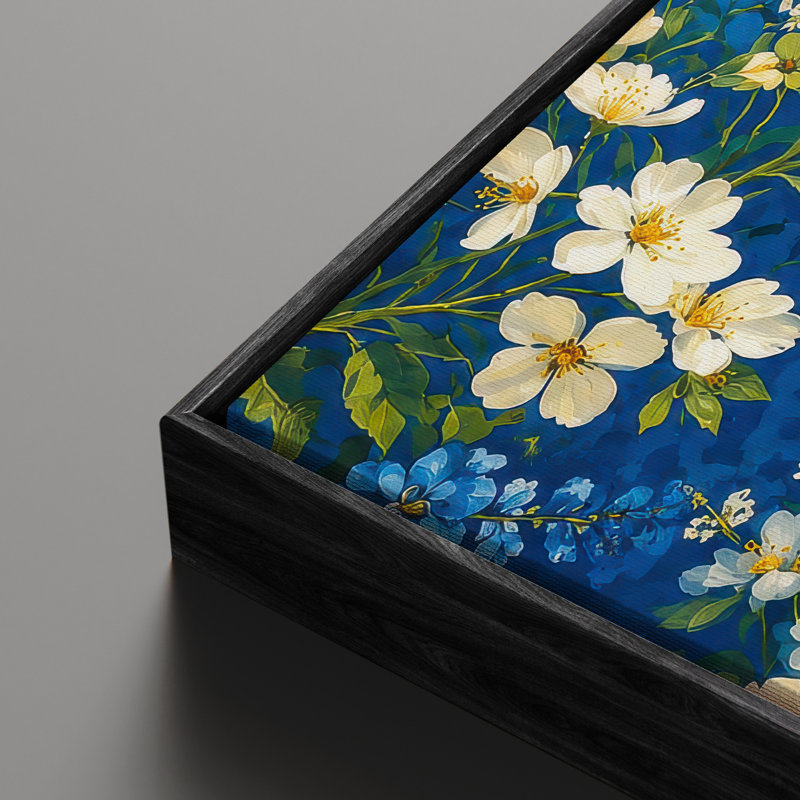 Art mural encadré - Fleurs blanches et jaunes vives sur fond botanique bleu - 16 po x 24 po, 24 po x 36 po, 36" H x 24" W