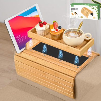 Sofa Armrest Tray, Three-In-One Magnetic Detachable Sofa Armrest Table, With Mobile Phone And Tablet Stand, Bamboo Sofa Cup Holder, Foldable Sofa Armr
