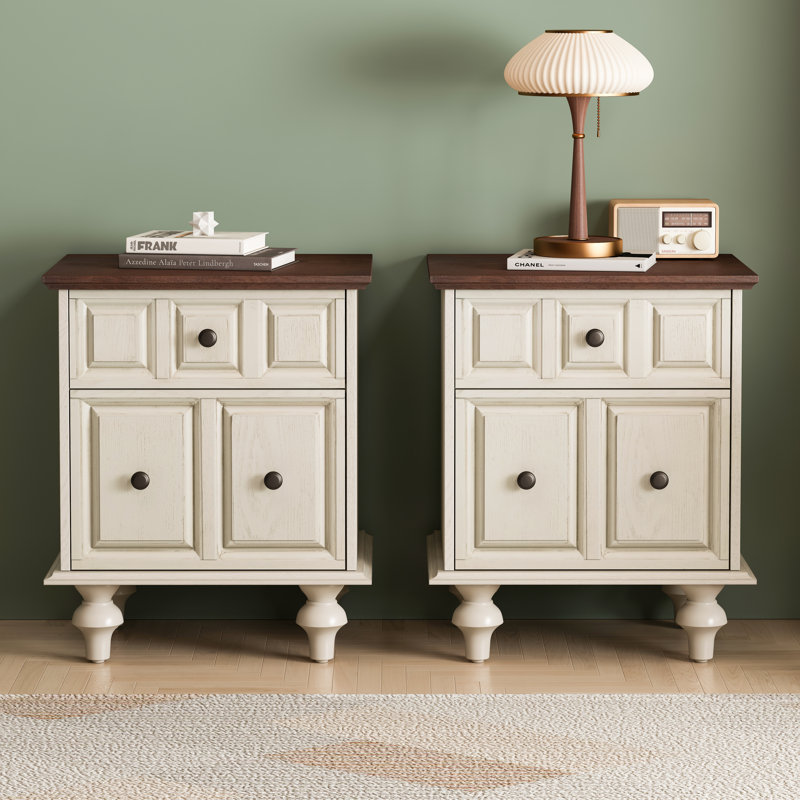 Vintage Nightstand With 2 Drawers (Set Of 2), Antique White, Set of 2