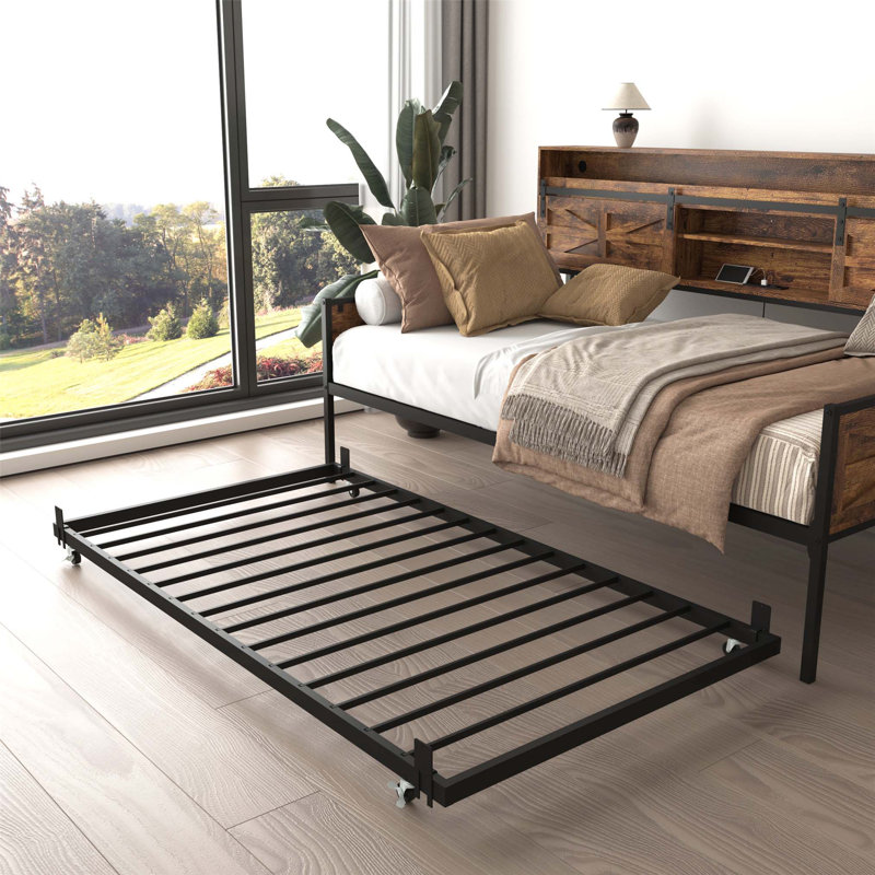 Twin Daybed with Trundle, Storage Shelves, Study Desk, and LED Charging Station for Space-Smart Living., Black/Brown