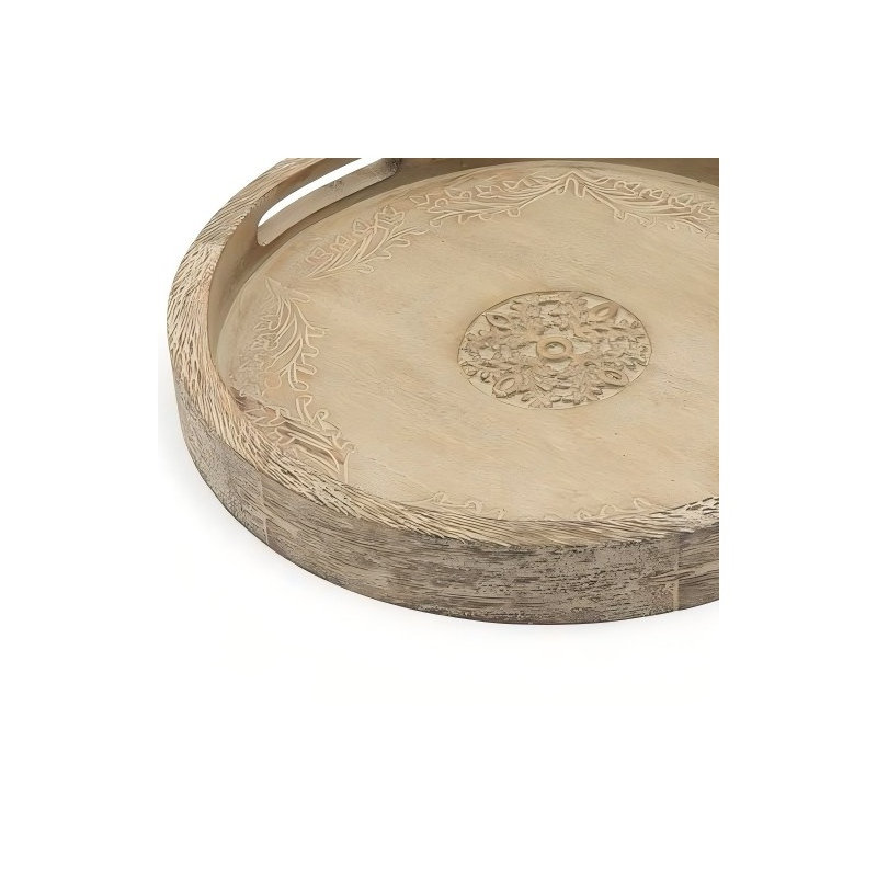 Round Solid Mango Wood Serving Tray – 18" Natural Rustic Brown Breakfast Platter