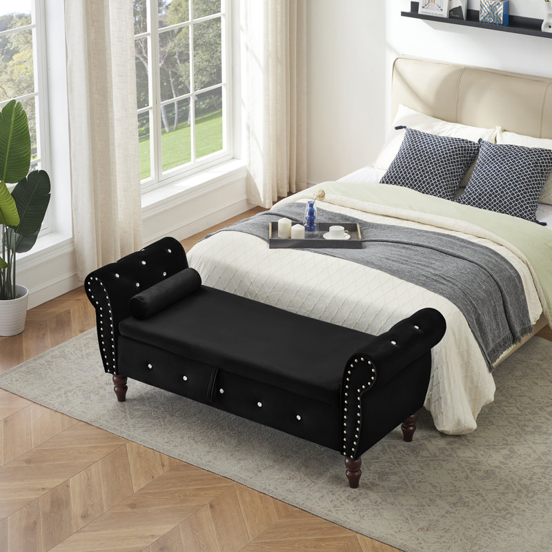 Larain Velvet Upholstered Storage Bench, Black
