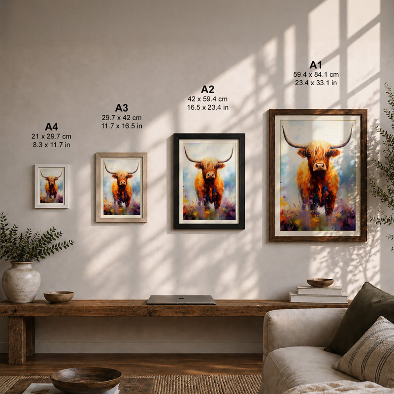 Highland Cattle In Bloom Boho - Print, A4 - 29.7 x 21.0 cm, Walnut