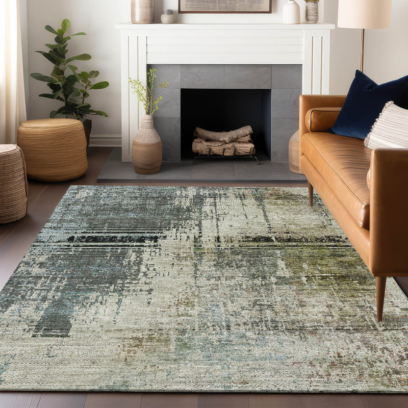 Premium Washable Abstract Gray and Green Microfiber Rug, 5' x 7'