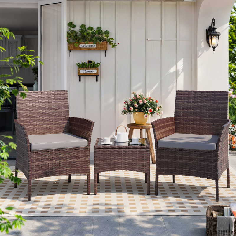 2-Person Outdoor Wicker Bistro Set with Cushions & Coffee Table – 3-Piece Seating for Balcony, Porch, or Small Patio, Available in 6 Versatile Options