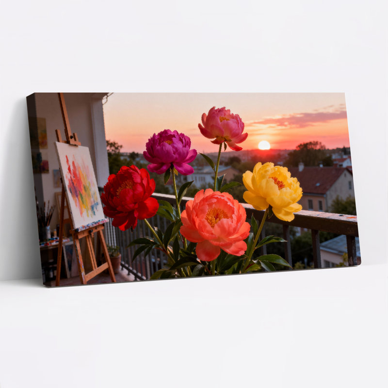 Ensemble de 1 tableau sur toile tendue représentant des pivoines et une vue sur le coucher du soleil depuis un balcon