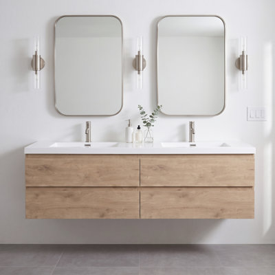 Meuble-lavabo suspendu de 42 po en mélamine en bois avec lavabo intégré en résine, armoire de salle de bain en bois naturel avec tiroirs à fermeture douce et poignées supprimées